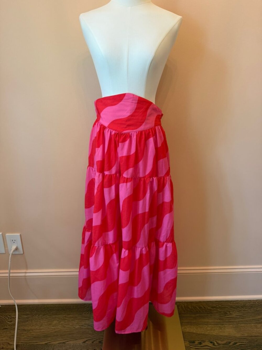 Karavan Pink Red Wave Print Tiered Maxi Skirt Size M